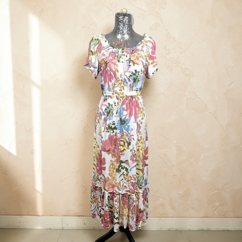 Cottagecore Floral Maxi Dress Tiered Ruffle Hem Prairie Boho Peasant Large Party